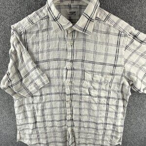 Cuzzens Italy Button Up Shirt Short Sleeve All Linen White Gray Check M/L Men